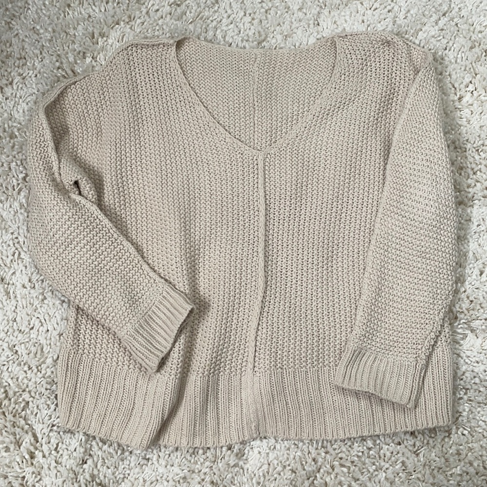 Lucky cream cotton v neck chunky knit boho sweater